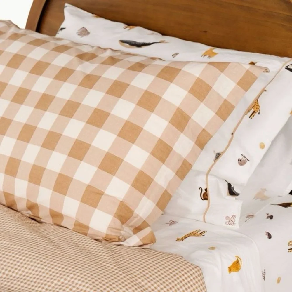Gathre 100% Cotton Duvet Set in Tan Gingham Reversible